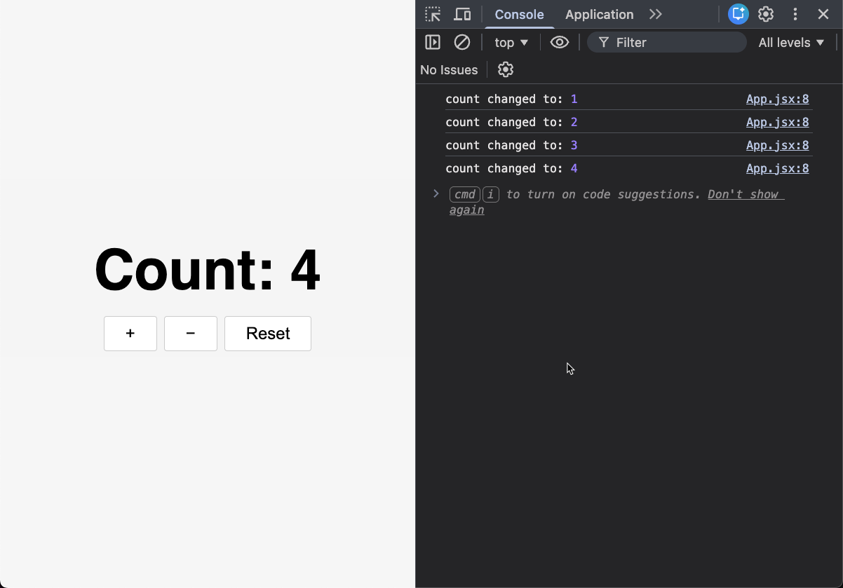 React counter with console logging