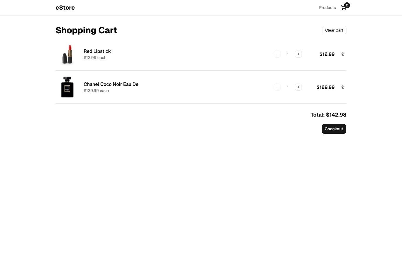 Cart page with items