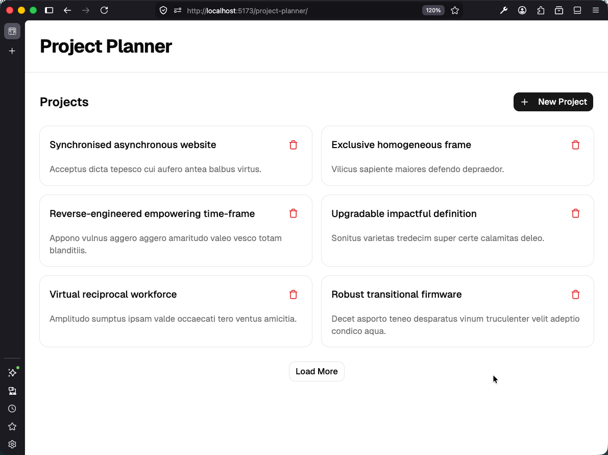 Paginated project list with Load More button