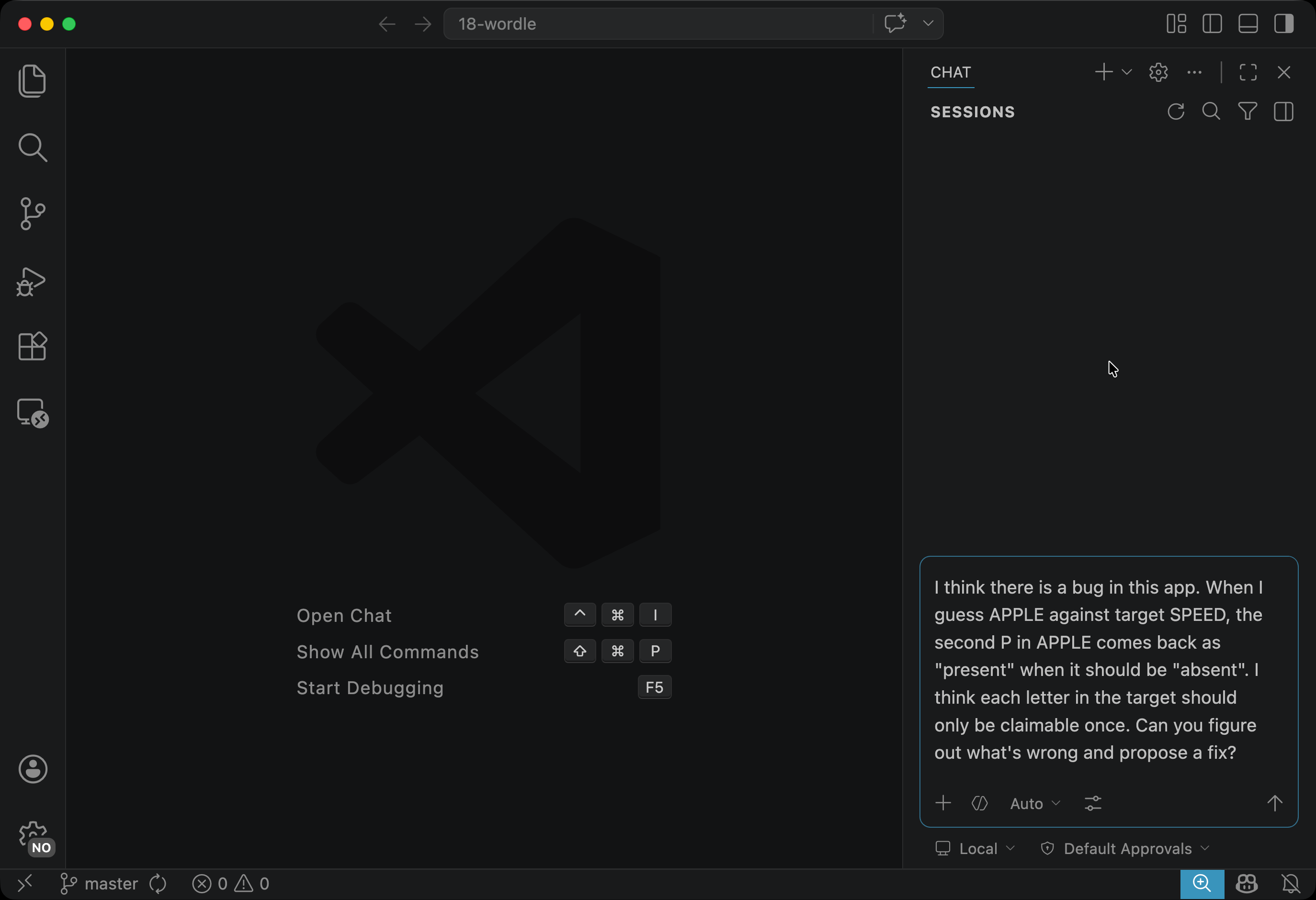 Chat view with the bug-report prompt typed into the input box