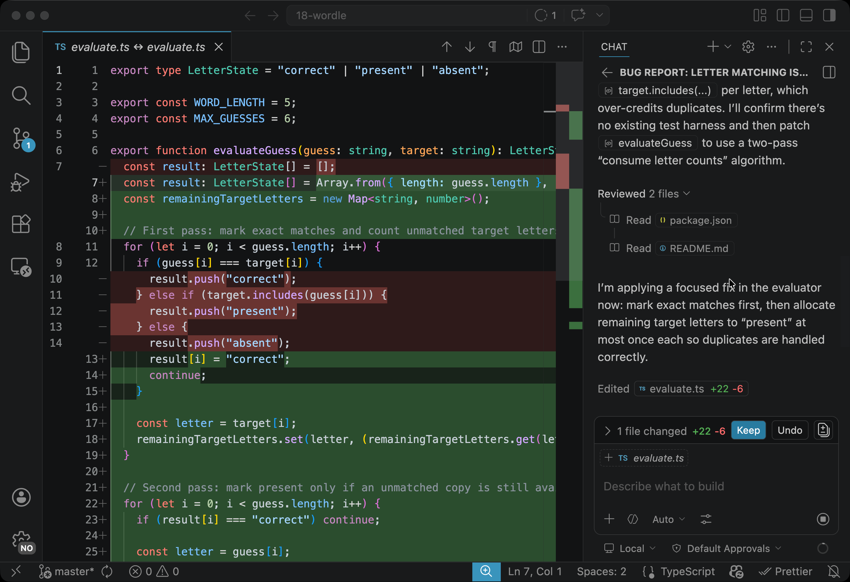 Copilot's inline diff in , with the chat panel explaining the two-pass fix and a Keep / Undo toolbar