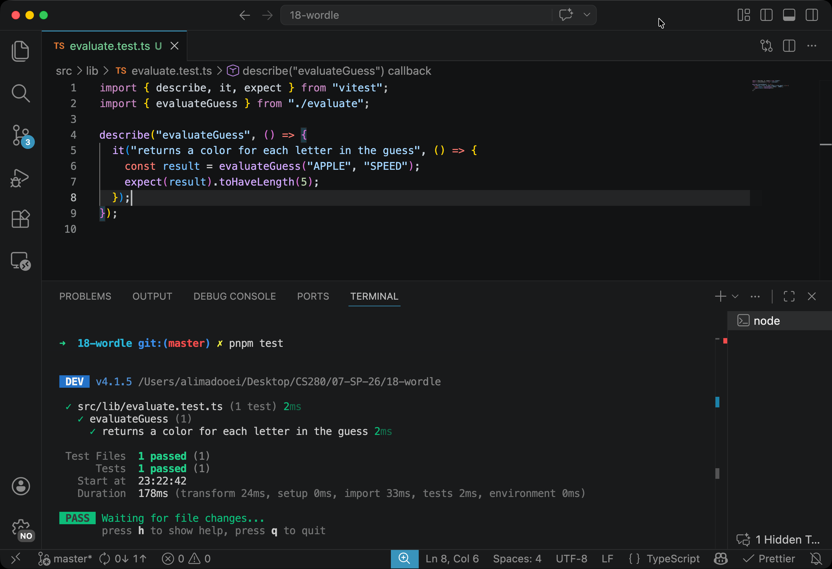 VS Code showing evaluate.test.ts with the terminal below running  and Vitest reporting one passing test in watch mode