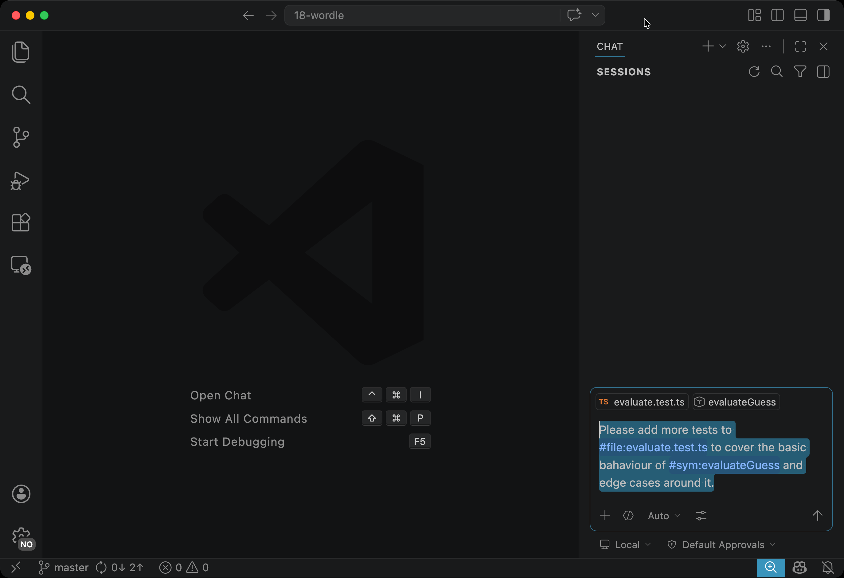 Copilot Chat view with the prompt typed out and  plus  attached as chips above the input