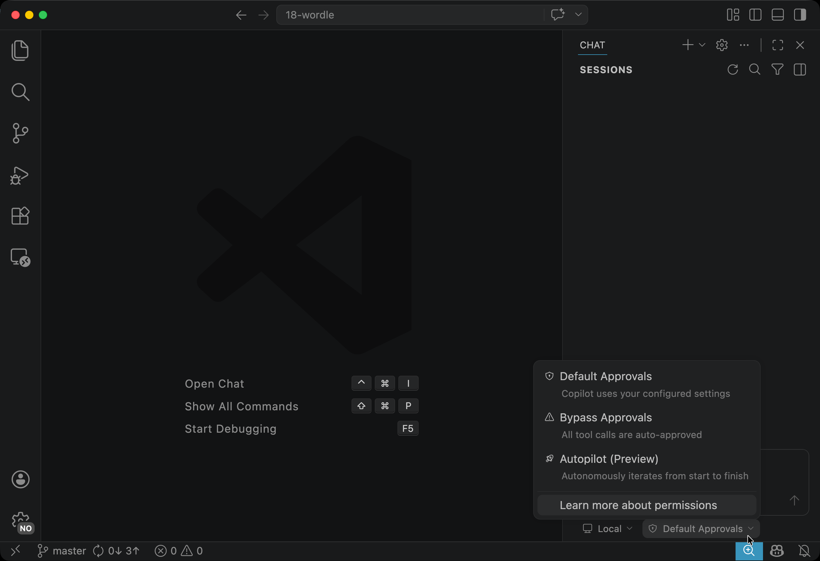 Copilot Chat approval-mode dropdown expanded, showing Default Approvals, Bypass Approvals, and Autopilot (Preview) as the three options
