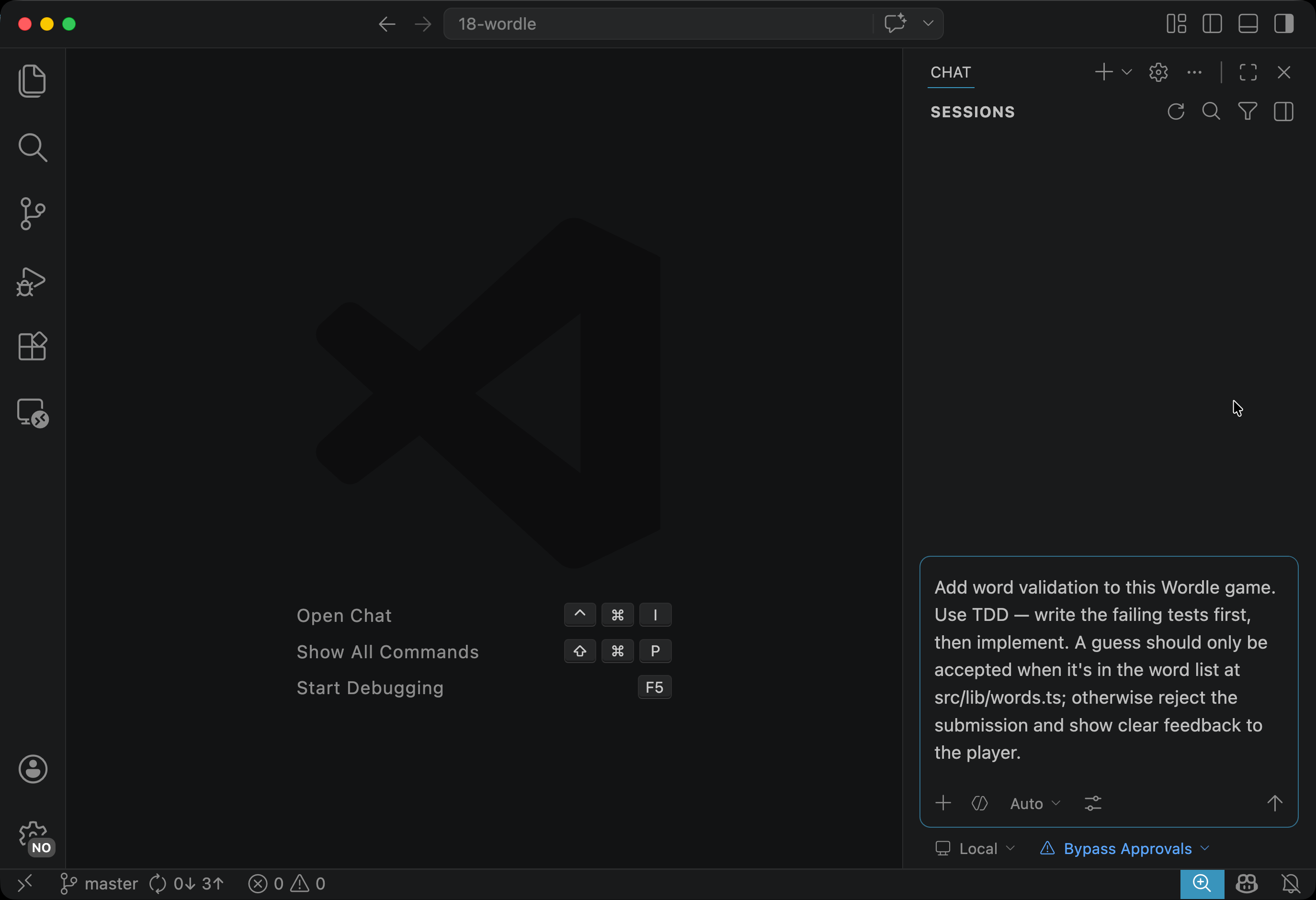Copilot Chat view with the word-validation prompt typed into the input and the session already switched to Bypass Approvals