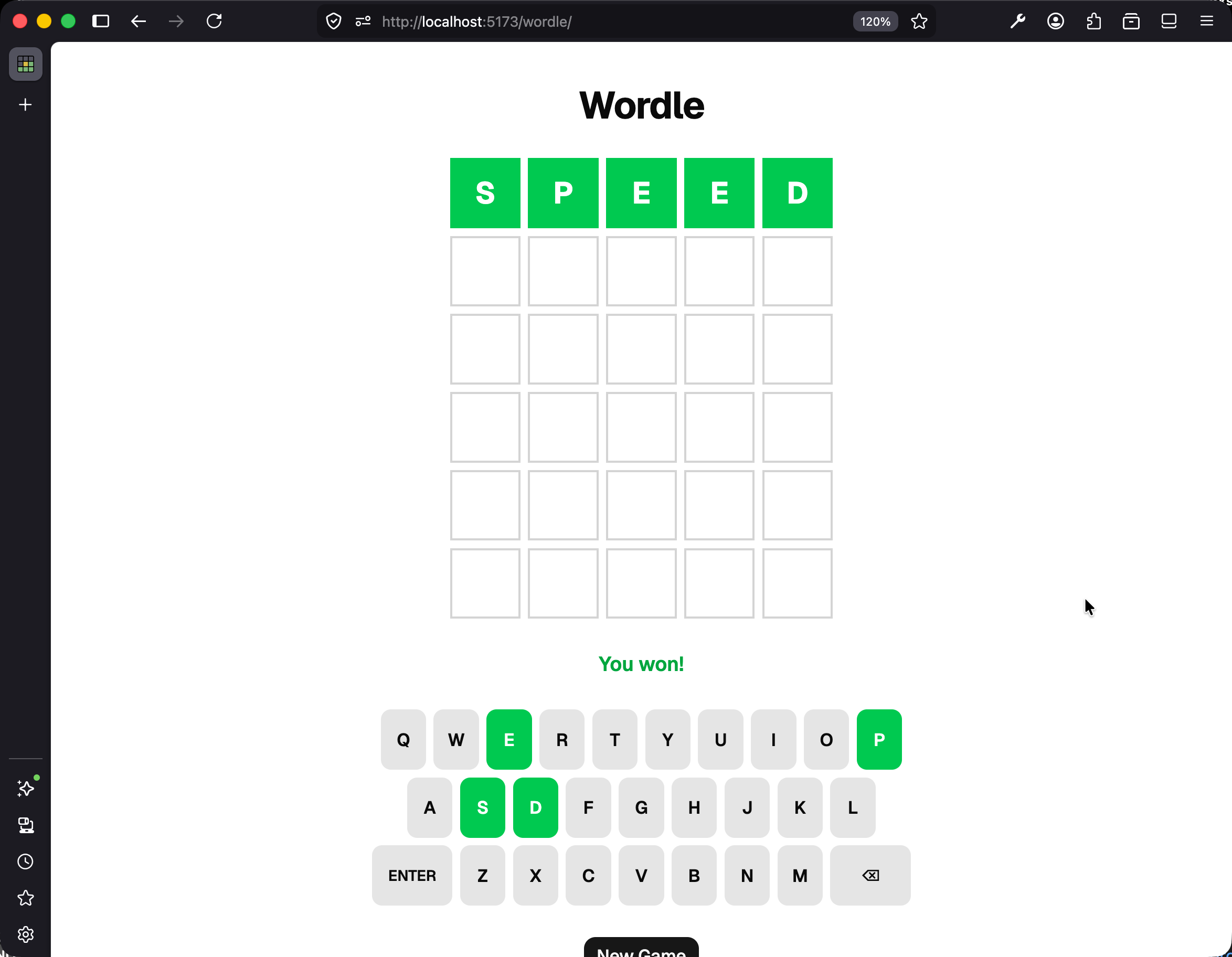 Wordle board with  submitted as a valid word, all five tiles green, and a "You won!" message below the board